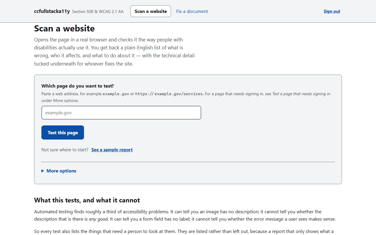 The Accessibility Record scan screen: a field asking which page to test, a Test this page button, and a section headed “What this tests, and what it cannot”, under a banner reading “Section 508 and WCAG 2.1 AA”.