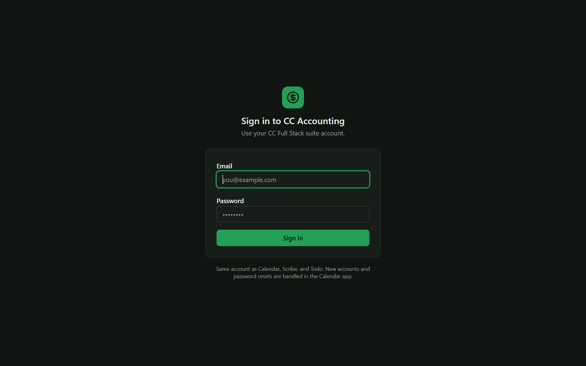 Solo Ledger's sign-in screen: a dollar-sign badge above a dark card with email and password fields.