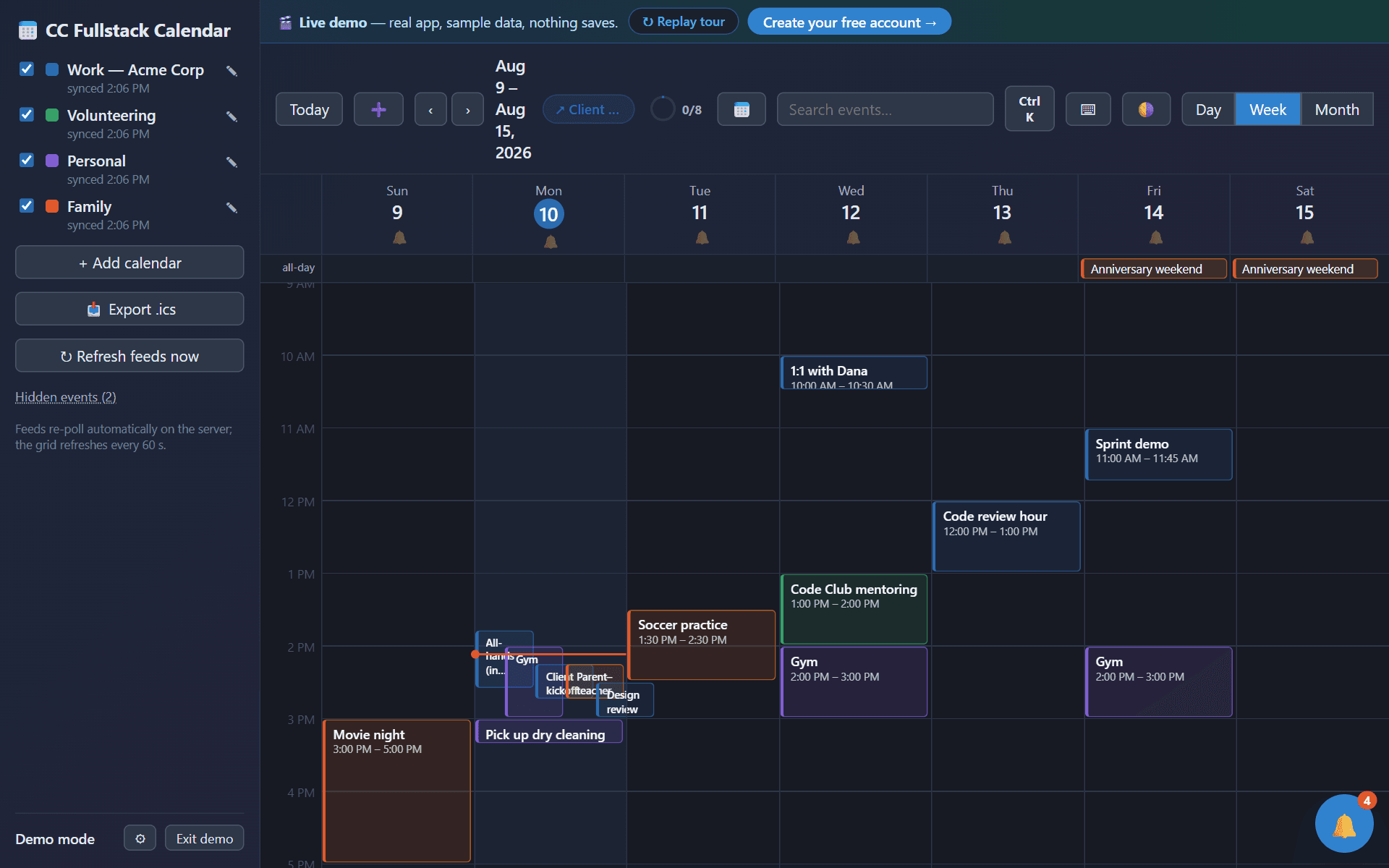 The Calendar app in demo mode: a week grid from August 9 to 15 with events drawn from four color-coded feeds, a sidebar listing each calendar with its last sync time, and day/week/month view controls.