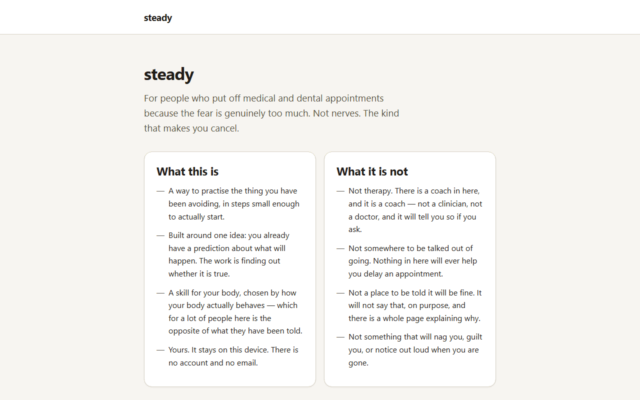 steady's opening screen: a heading reading “steady”, sections headed “What this is” and “What it is not”, and two buttons, “Start the questions” and “Read how it works first”.
