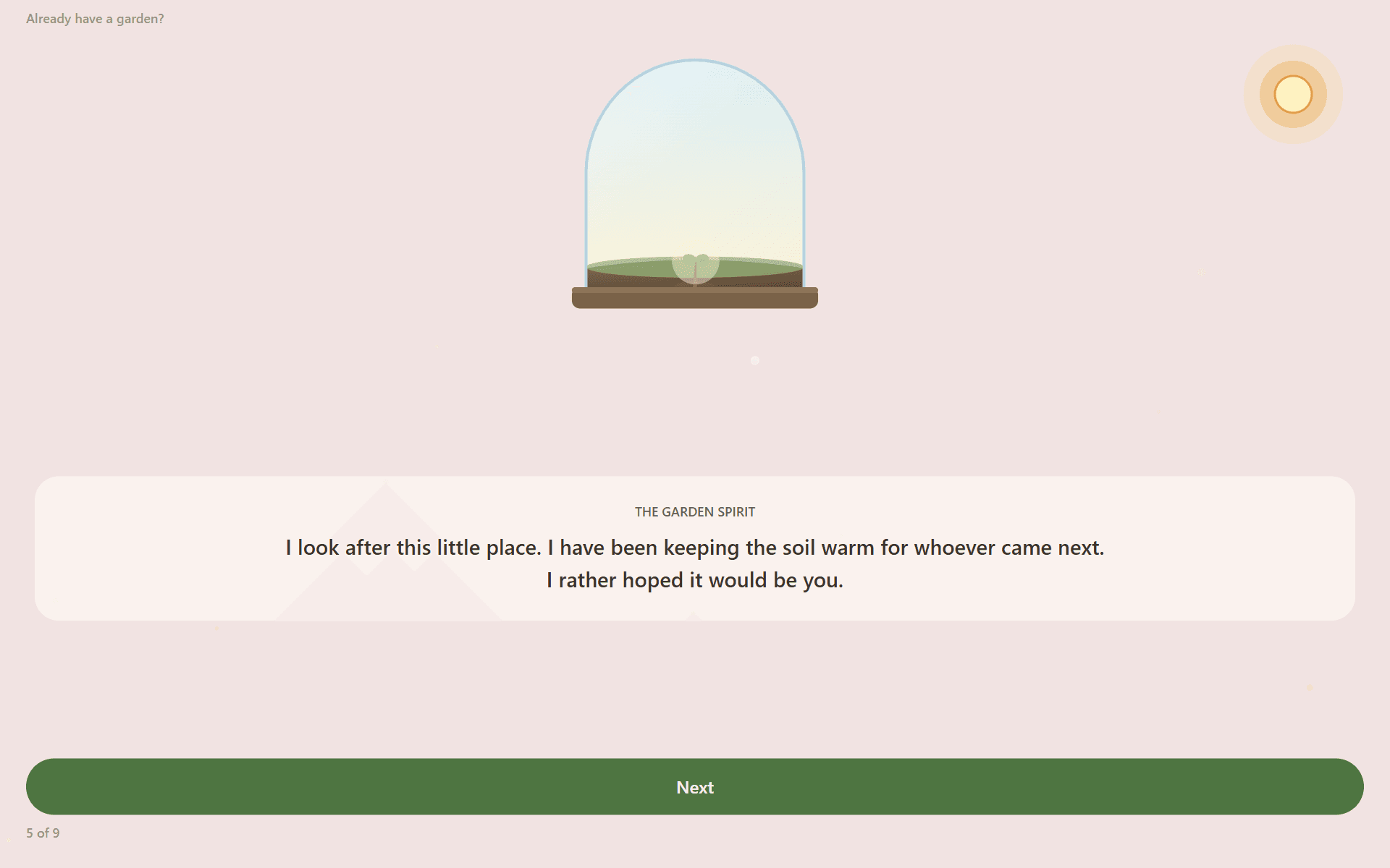 Sunpetal's opening scene: a small plant sprouting inside a glass terrarium on a wooden base, a soft sun in the corner, and a line of dialogue from the garden spirit below.