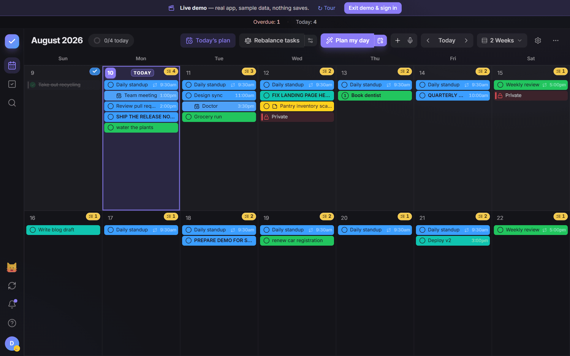 The Todo app's month board in demo mode: a two-week calendar grid with color-coded meetings and tasks on each day, and per-day task counts.